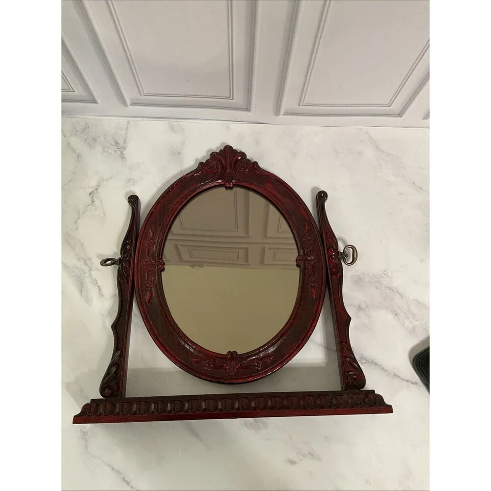 Victorian Ornate Oval Swivel Standing Mirror Vanity Display. 14”H x 13.25”L